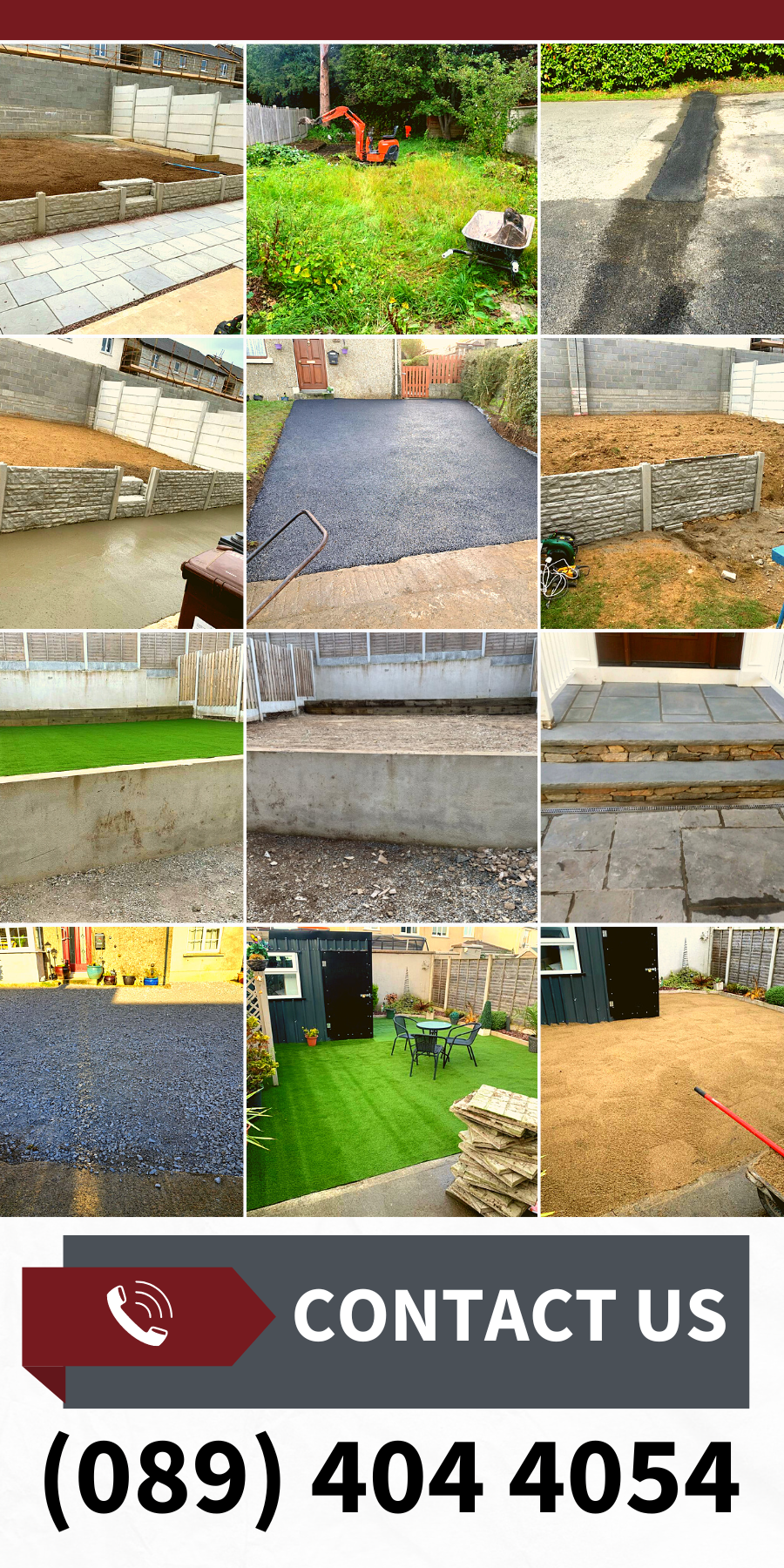 Paving, Tarmac, Tar and chippings, Driveway paving, Pavement installation, Block paving, Asphalt paving, Patios, Sandstone patios, Limestone patios, Granite patios, Patio installation, Patio repair, Patio maintenance, Artificial grass, Synthetic grass, Fake grass, New turf lawns, Landscaping, Garden design, Garden renovation, Sheds, Garden walls, Garden fence, All drainage work, Drainage installation, Drainage repair, Drainage maintenance, Groundwork, Foundation work, Excavation, Land clearing